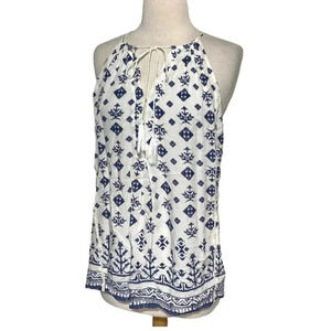 Ava Christine Tank‎ Top M White Blue Boho Halter Tassel Geometric Medallion